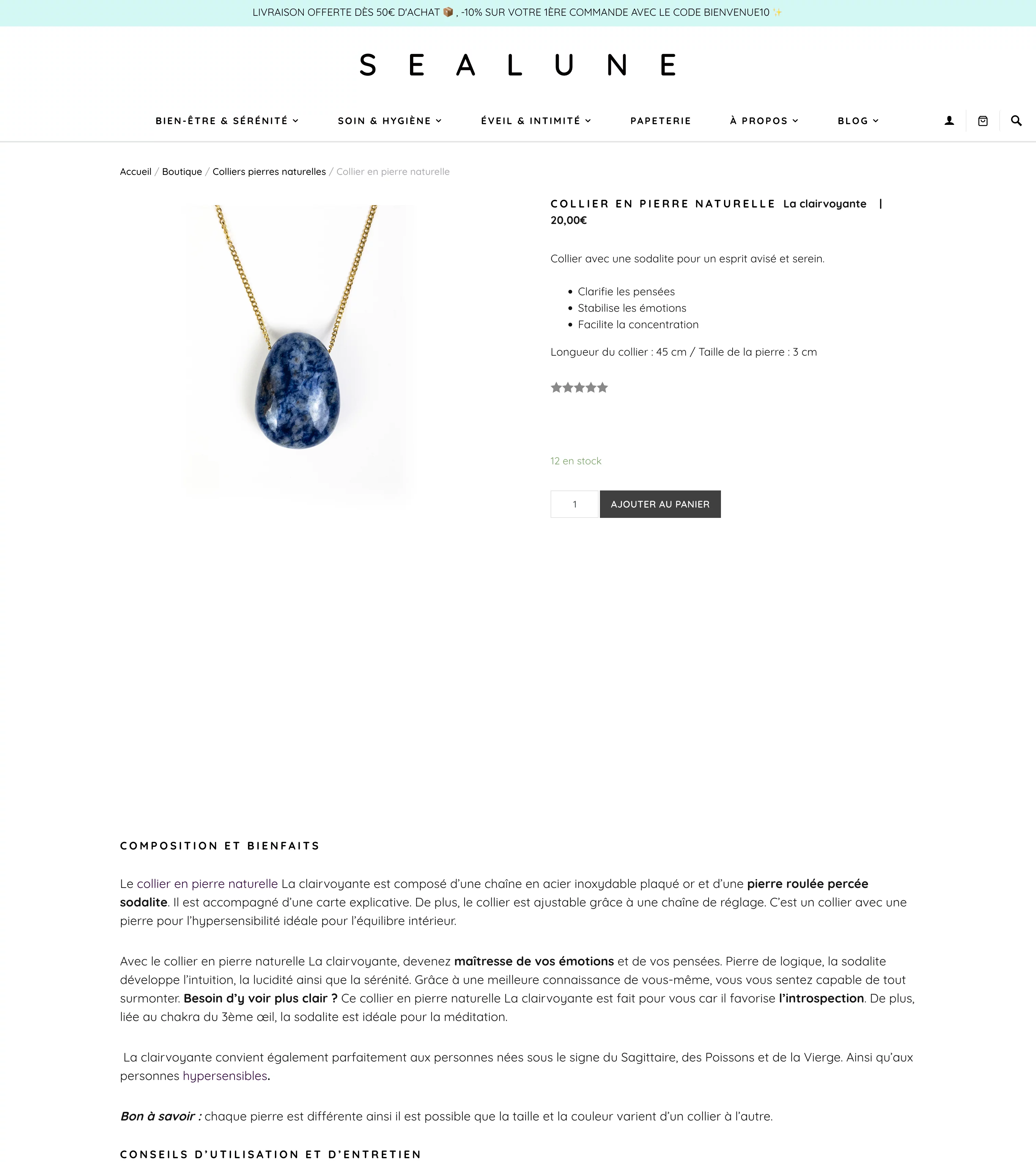 Capture d'écran de la section produits du site Sealune