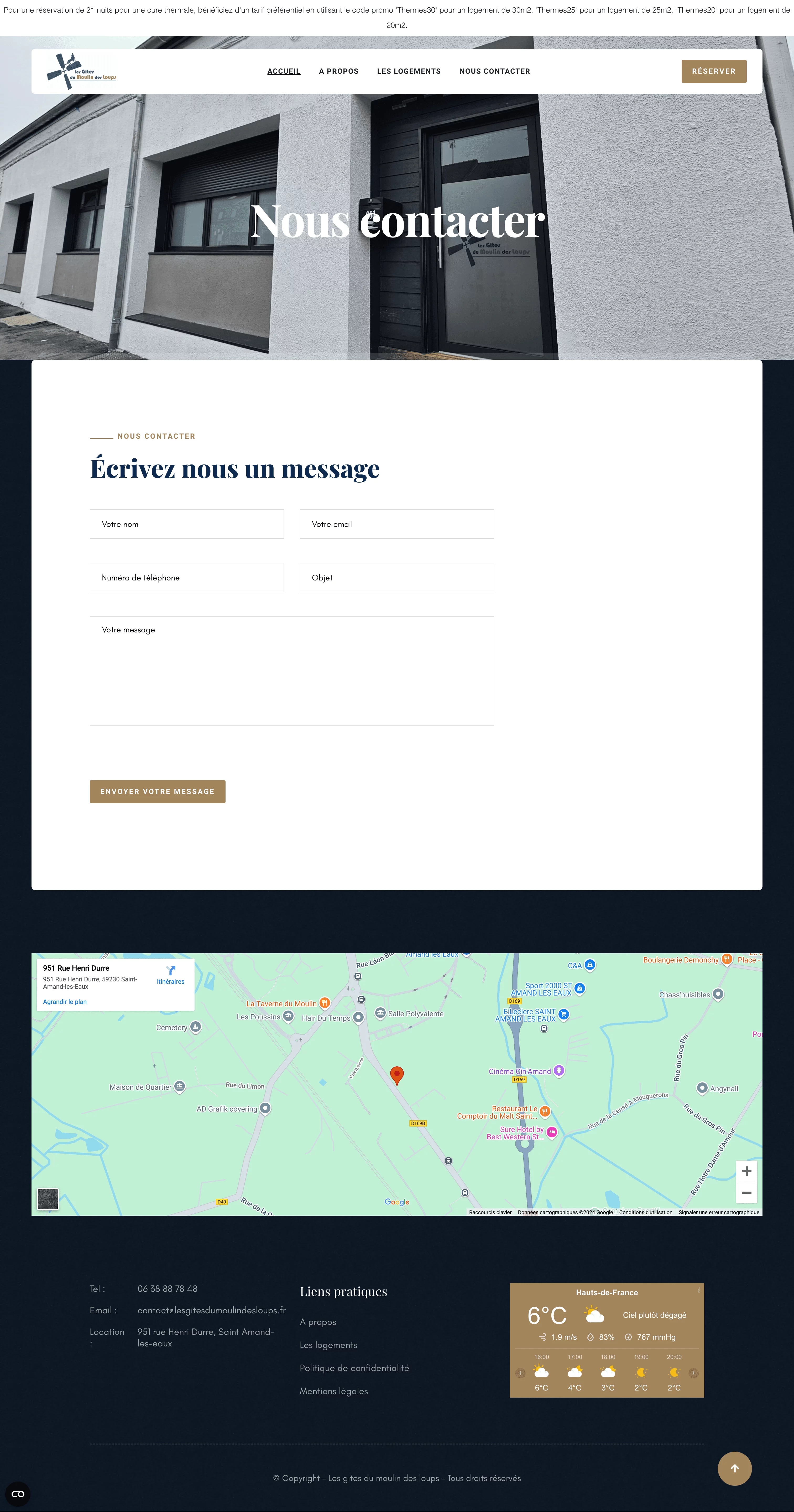 Capture d'écran de la section contact du site Les Gîtes du Moulin des Loups