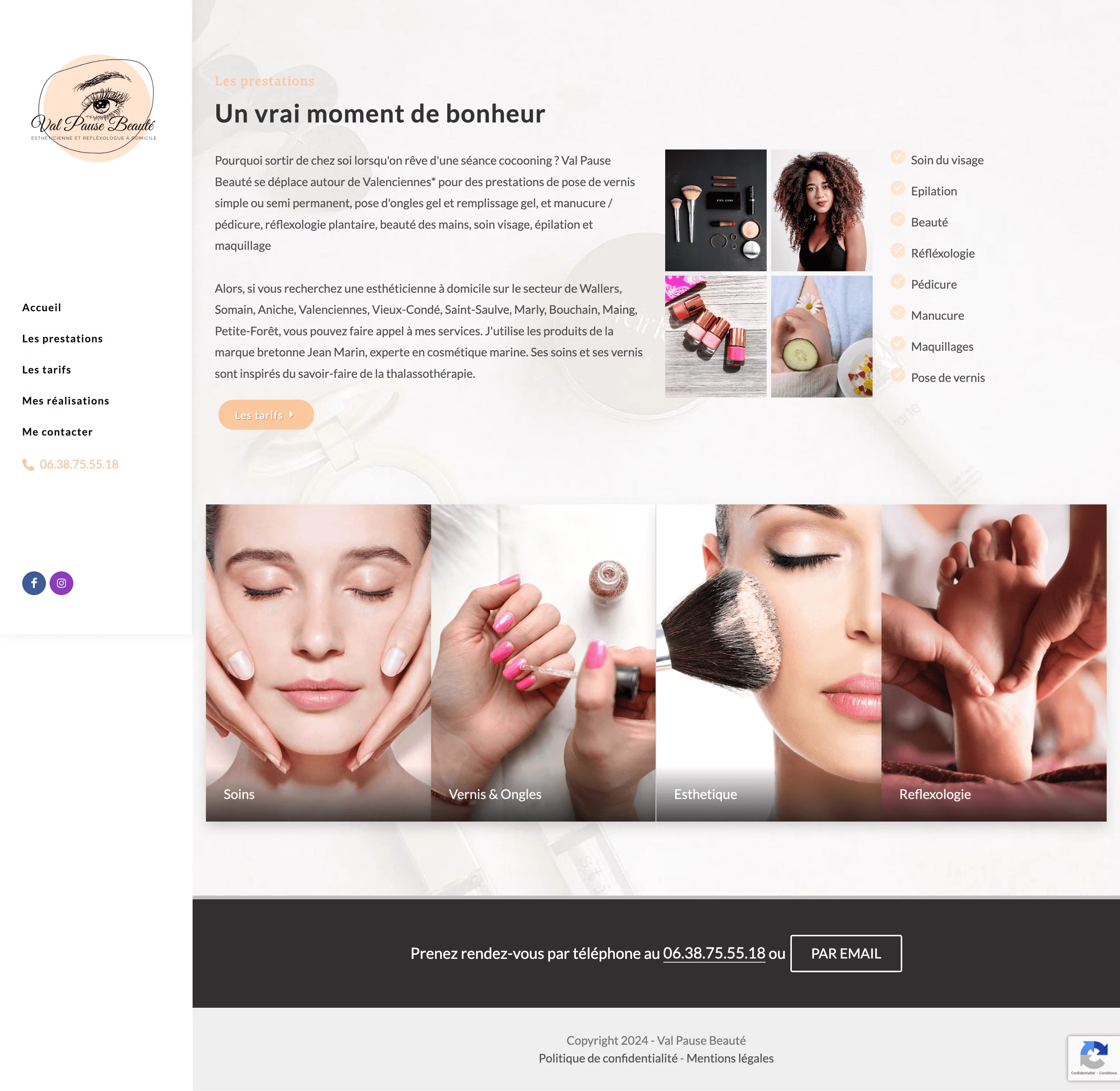 Capture d'écran de la page prestations du site Val Pause Beauté
