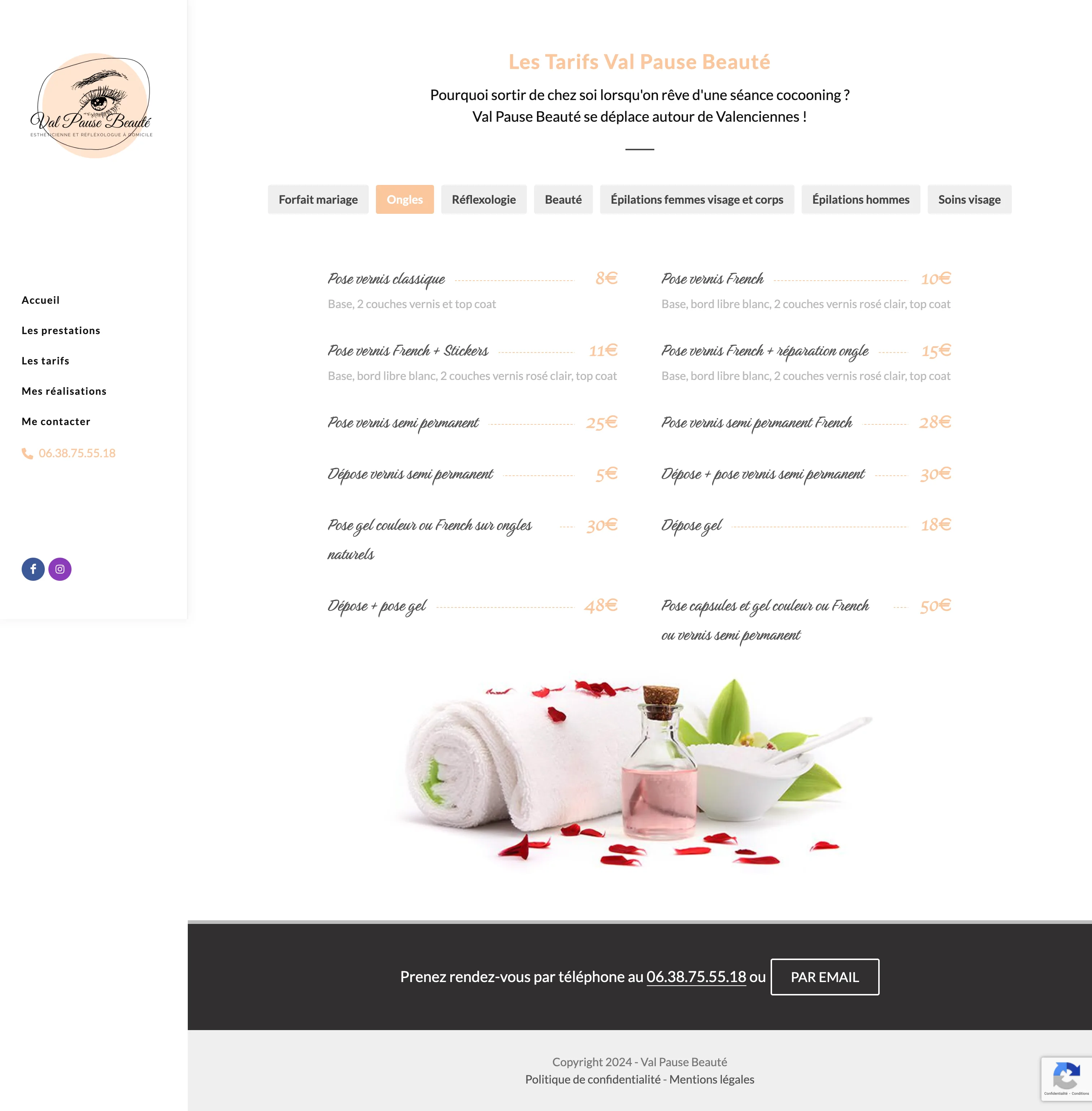 Capture d'écran de la page d'accueil du site Val Pause Beauté