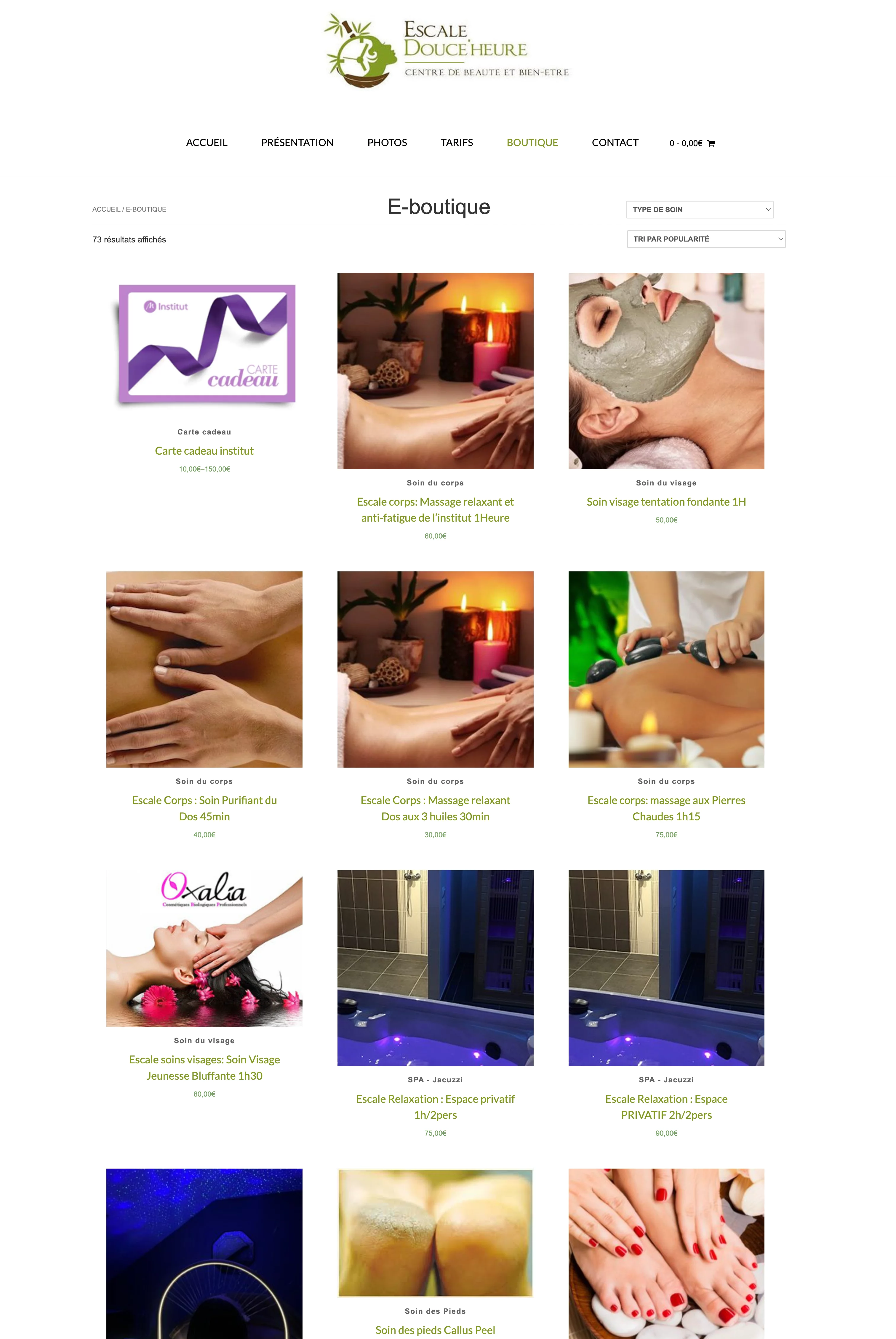 Capture d'écran de la page boutique du site Escale Douce'heure