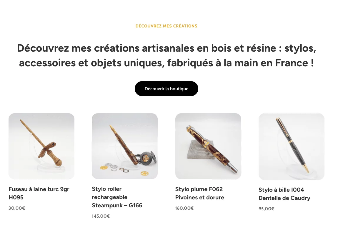 Capture d'écran de la section produit en avant du site Benjamin Pamart