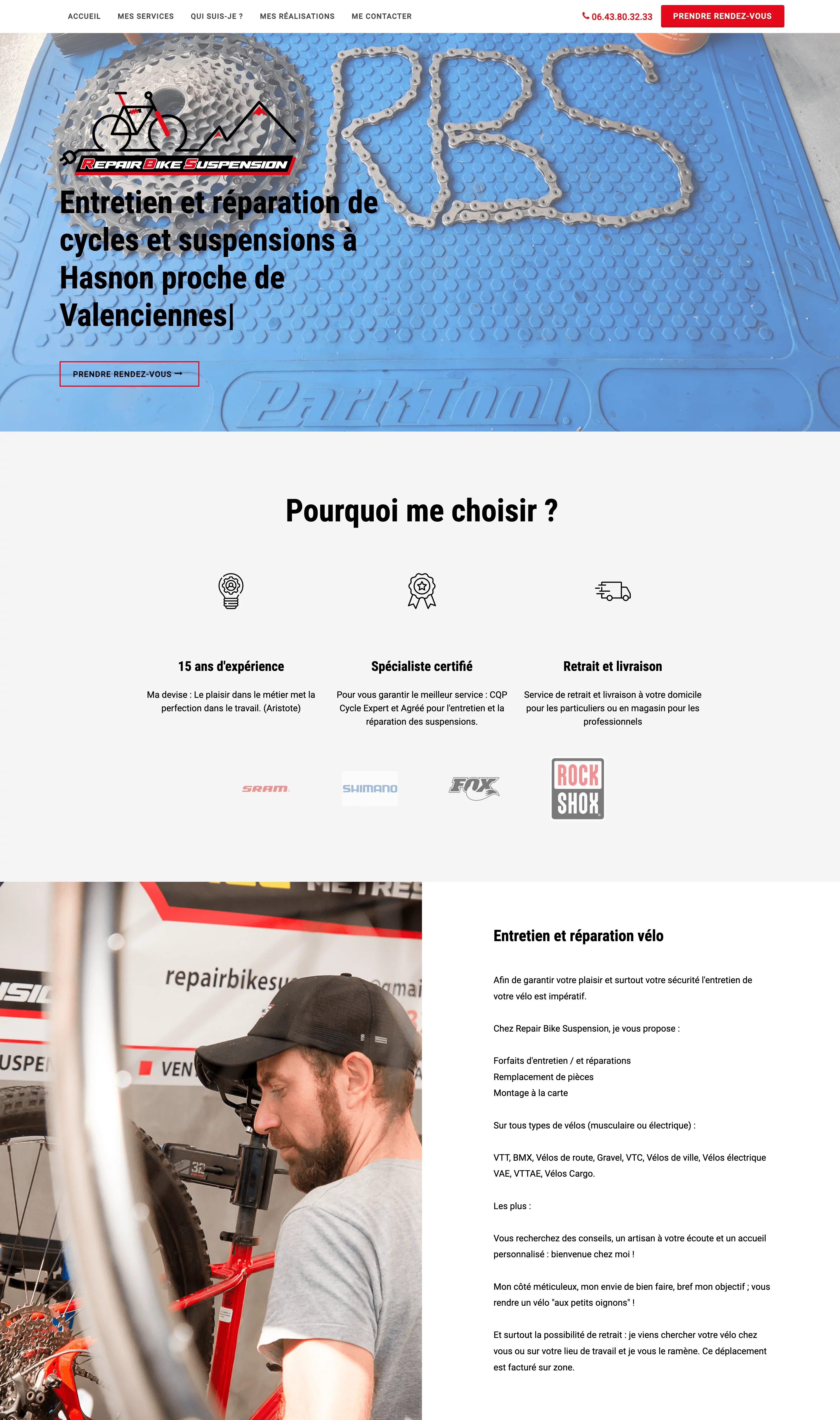 Capture d'écran de la section accueil du site Repair Bike Suspension