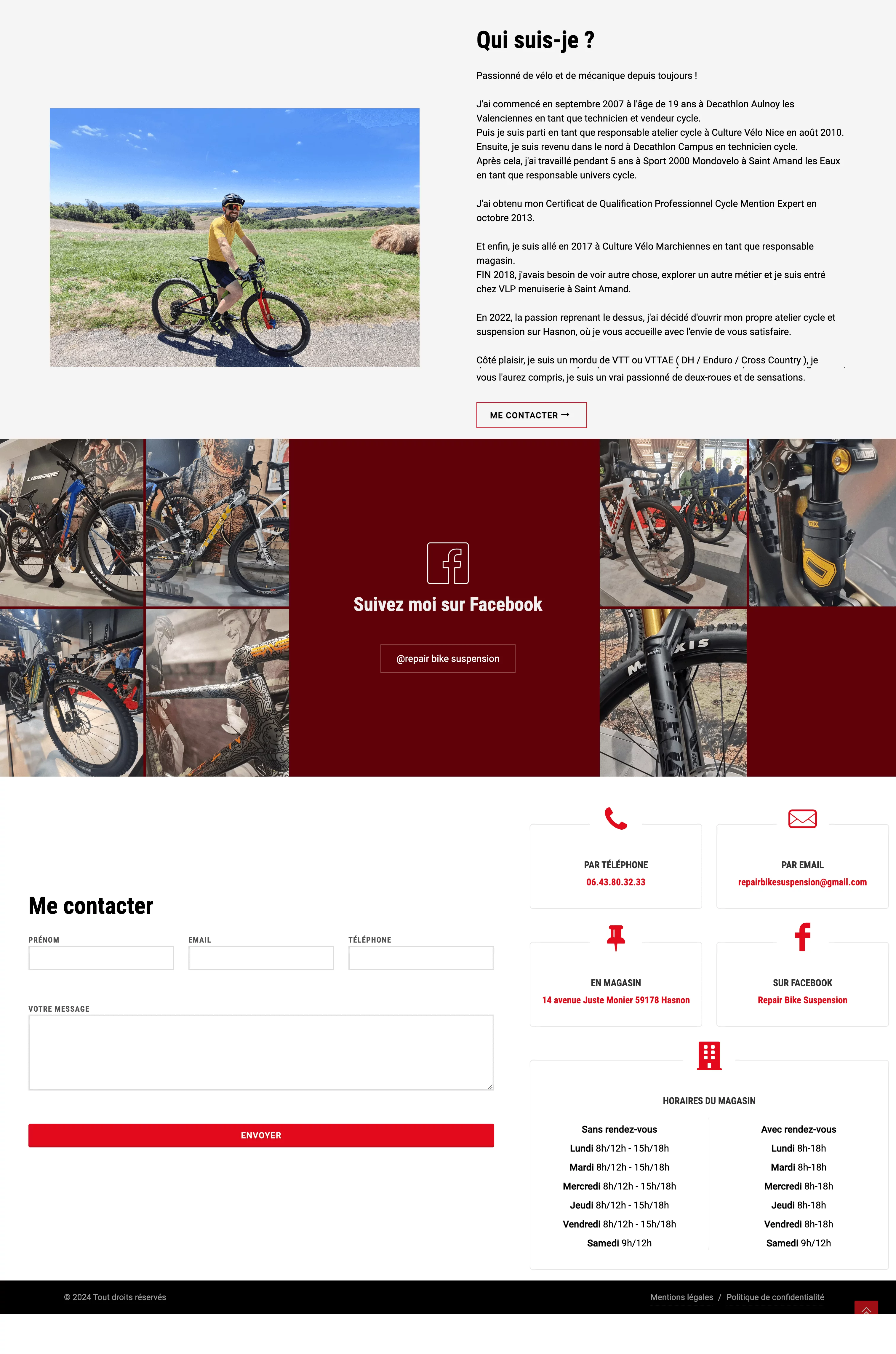 Capture d'écran de la section contact du site Repair Bike Suspension