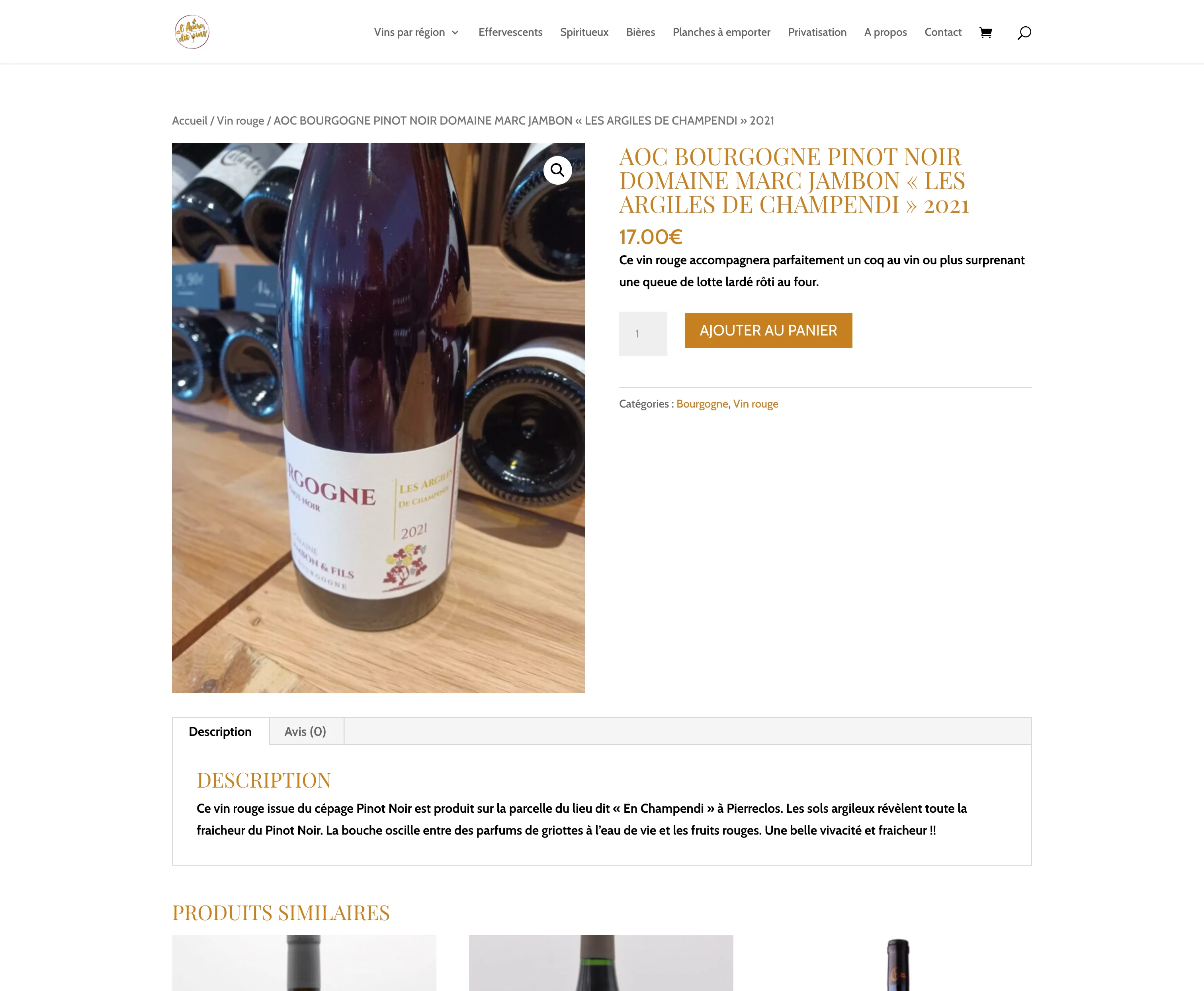 Capture d'écran de la section produits du site L'Apéro Dit' Vins