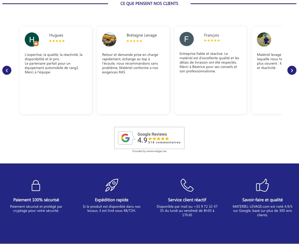 Capture d'écran de Matériel Levage - Section des avis clients