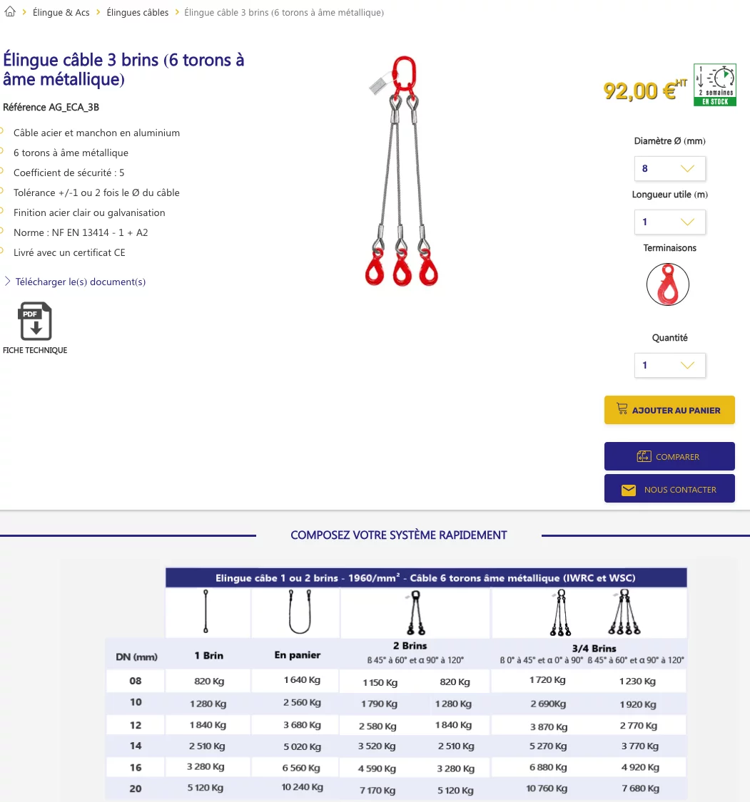Capture d'écran de Matériel Levage - Page des produits