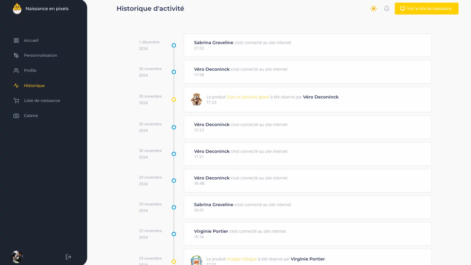 Capture d'écran de l'application Naissance en Pixels - Historique des visites