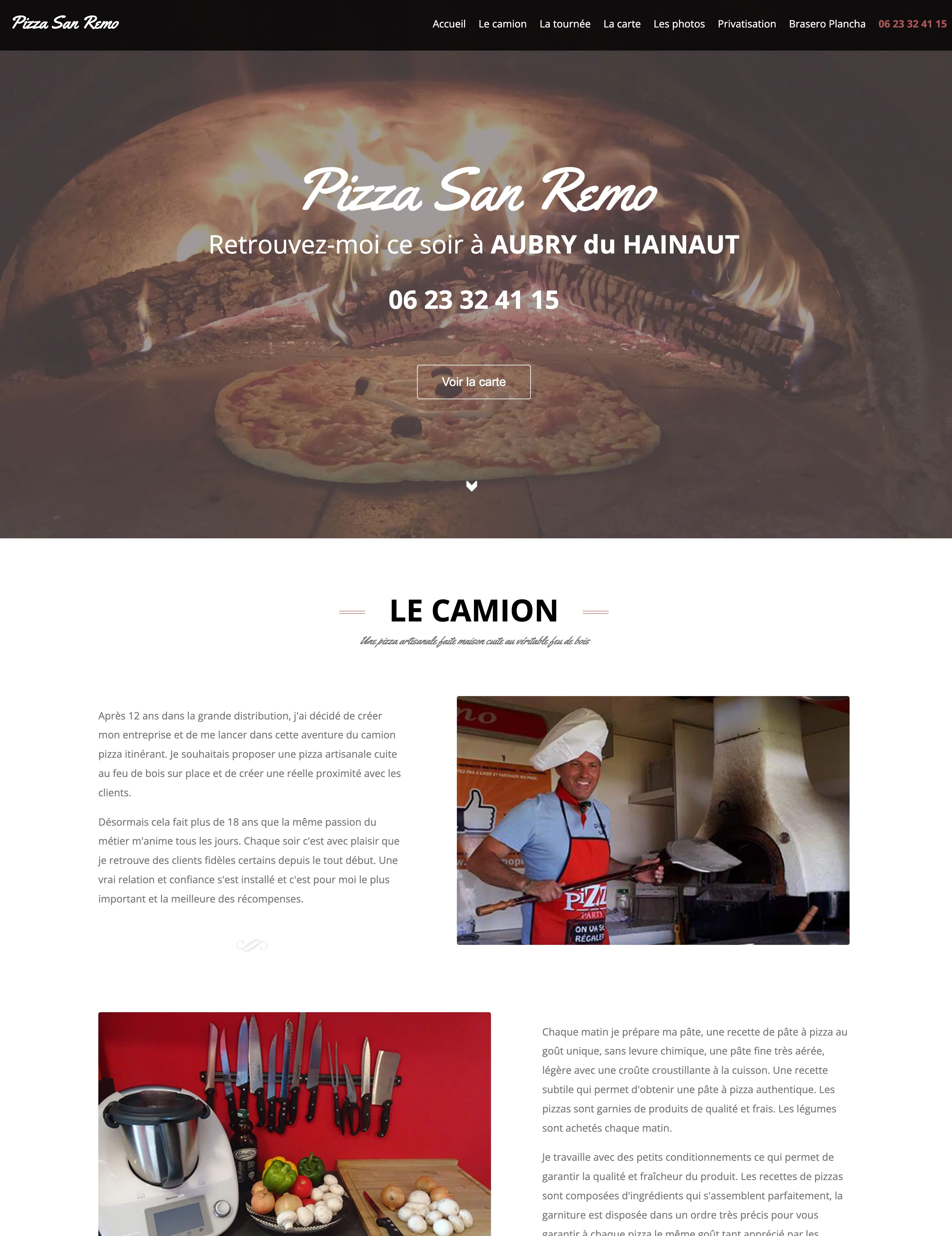 Capture d'écran de la section accueil du site Pizza San Remo