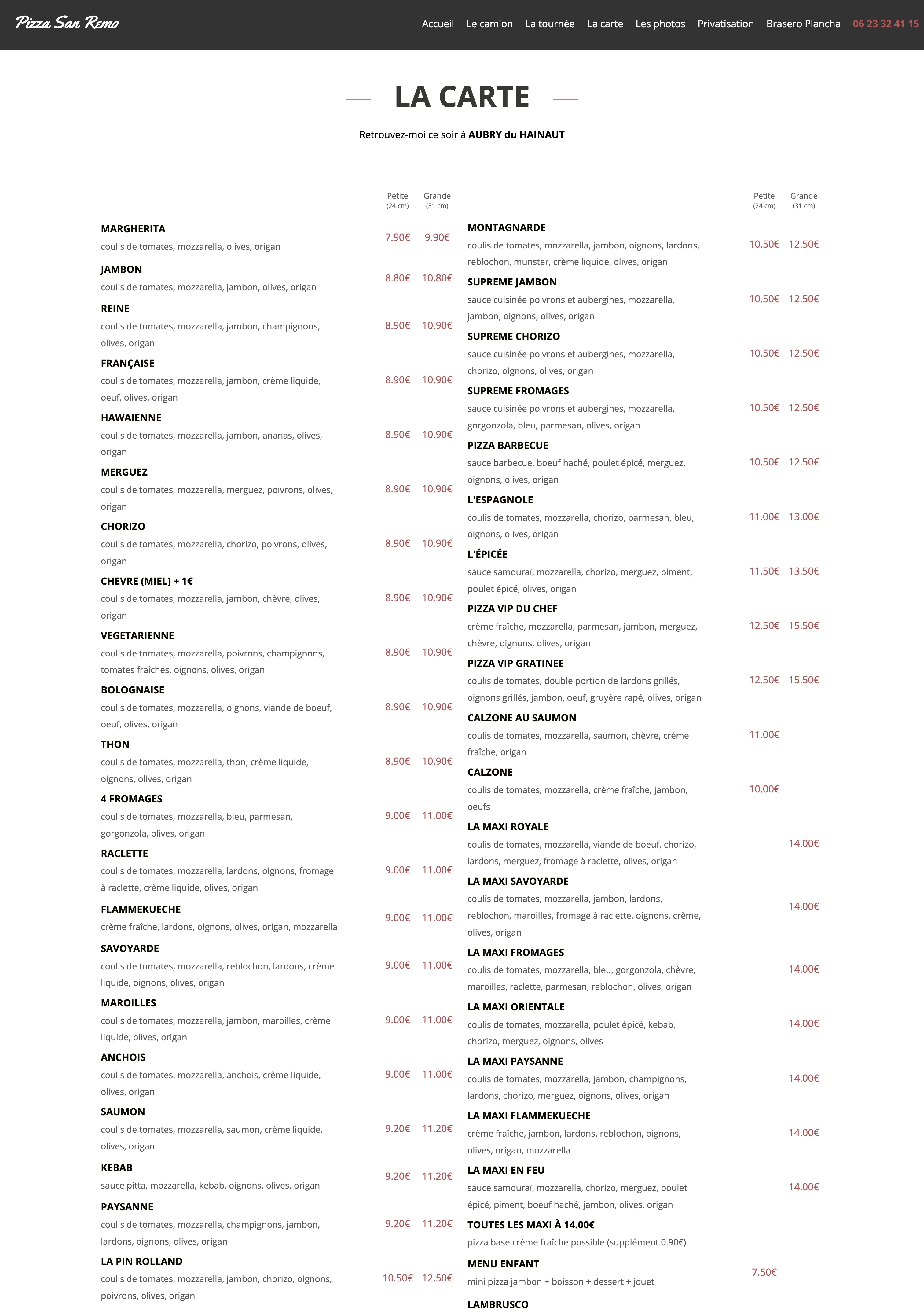 Capture d'écran de la section carte du site Pizza San Remo