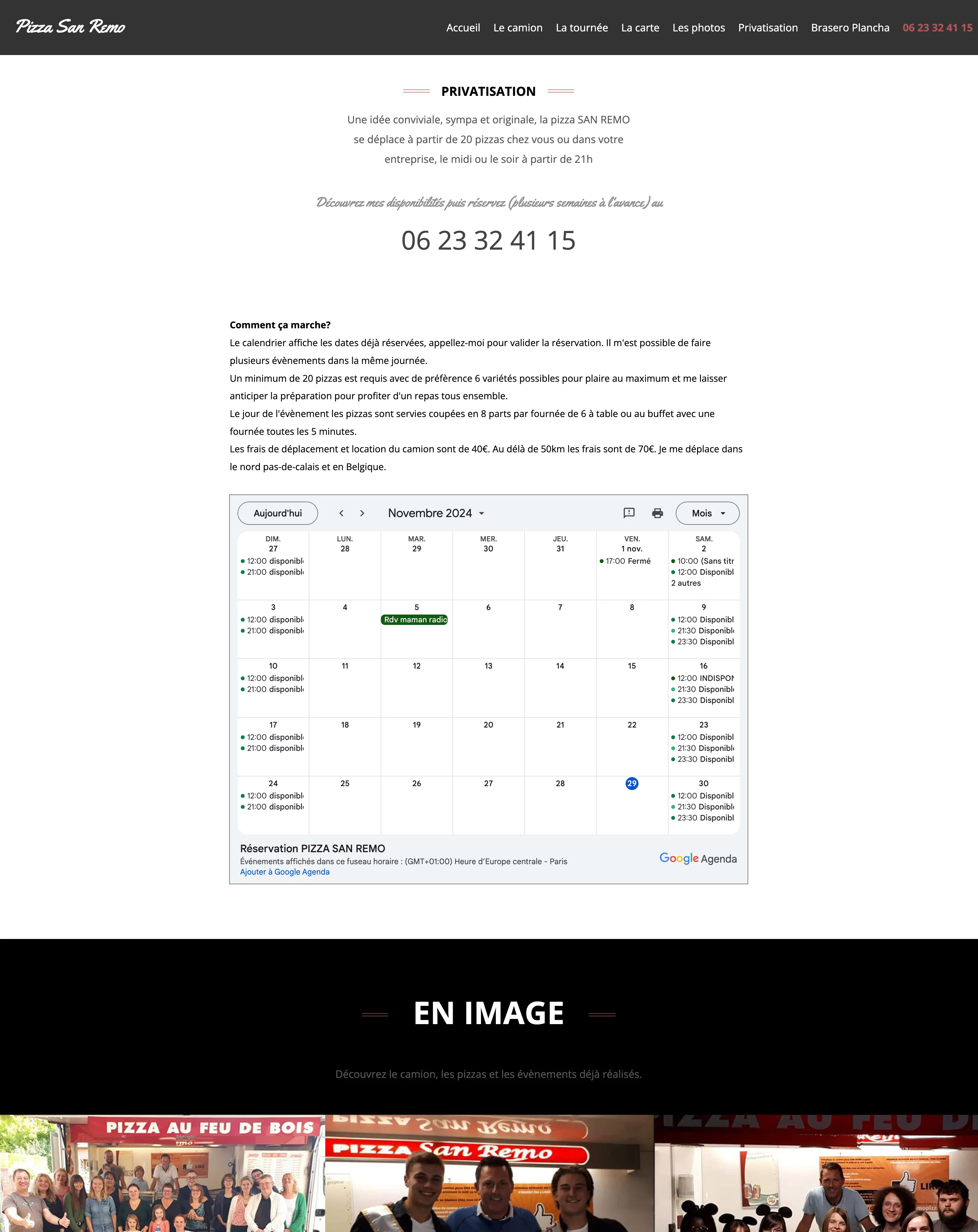 Capture d'écran de la section réservation du site Pizza San Remo